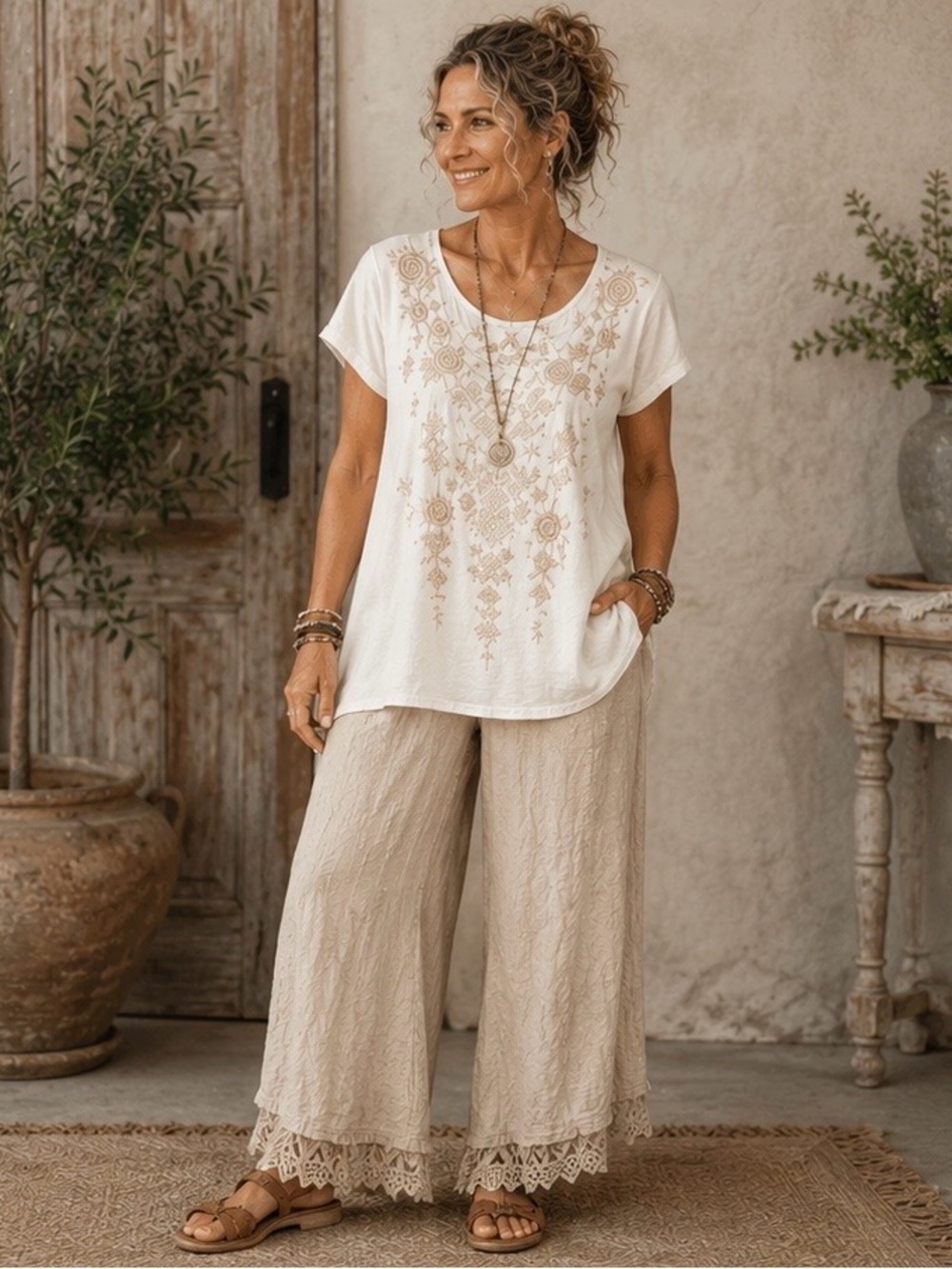 JWLA Johnny Was Embroidered Tunic Top Small Cream Tan Boho Hi-Low Tee